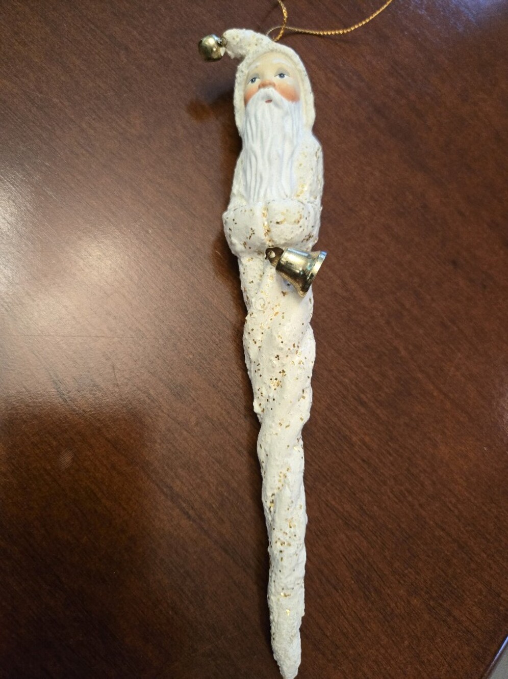 White Glitter Santa Icicle Ornament with Bell